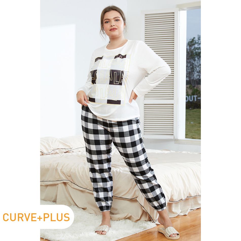 2-piece Women Plus Size Casual Letter Print Long-sleeve Top and Plaid Pants Pajamas Lounge Set Black/White