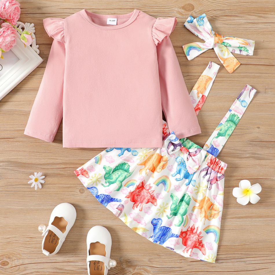3-Pack Toddler Girl Dinosaur Print Ruffle Long-sleeve Tee Skirt Set Pink