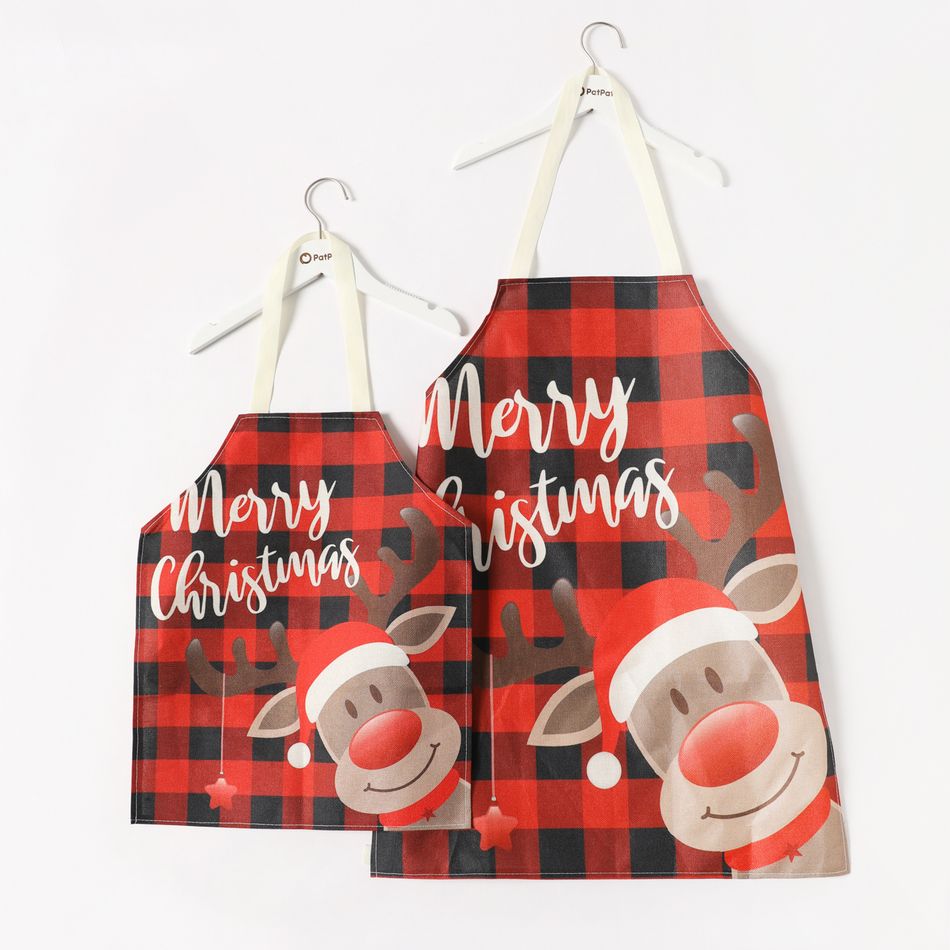 Christmas Buffalo Plaid Elk Bear and Letter Print Apron for Mom and Me Red