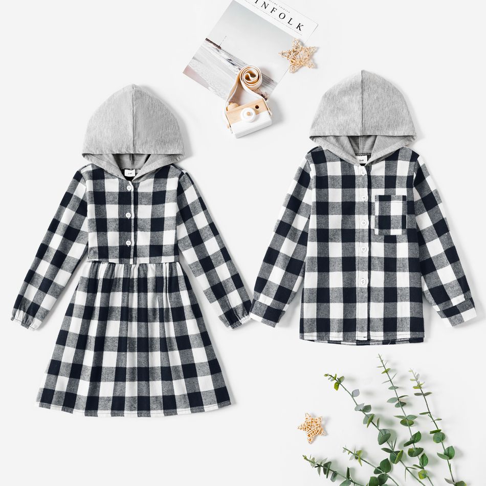 Sibling Matching Black and White Plaid Long-sleeve Splicing Hooded Sets PLAID