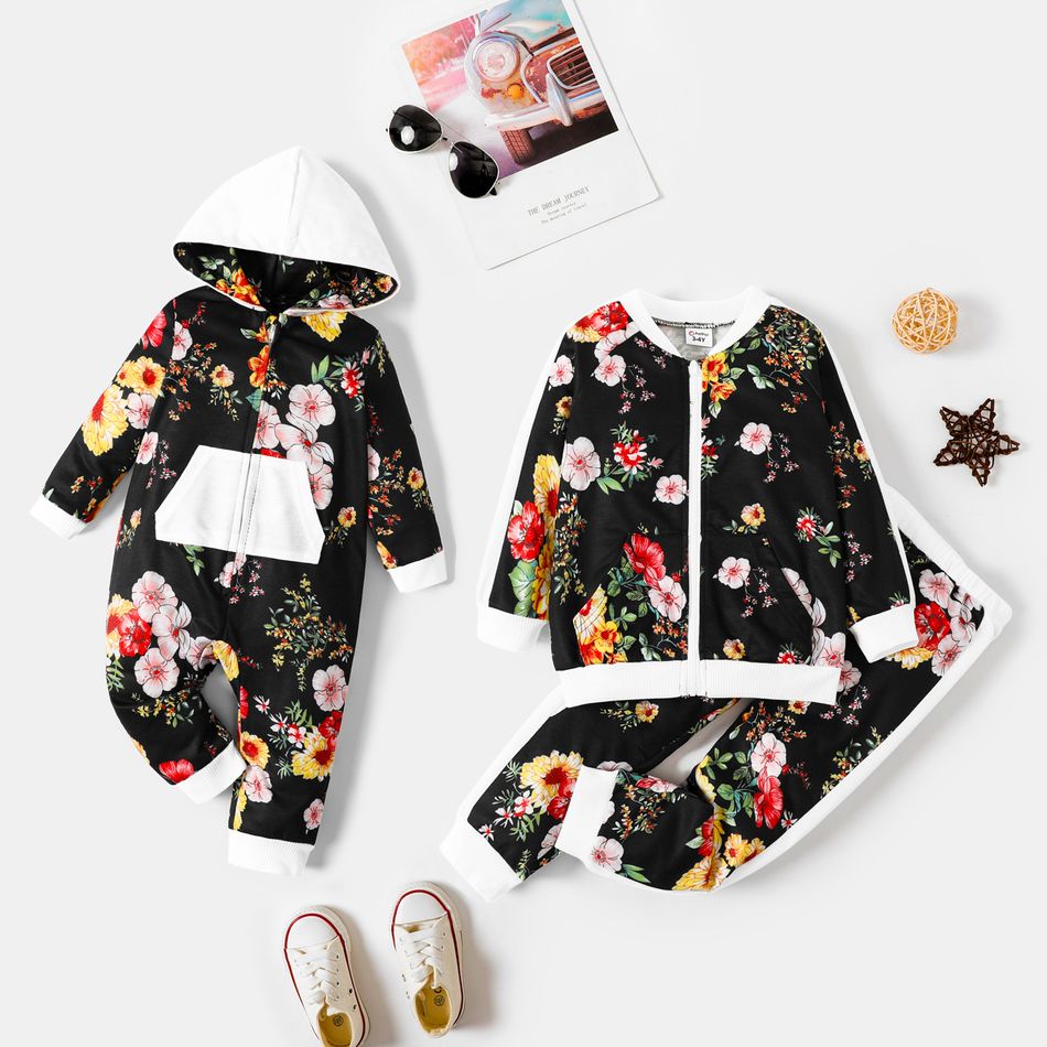 Sibling Matching All Over Floral Print Black Long-sleeve Sets MultiColour