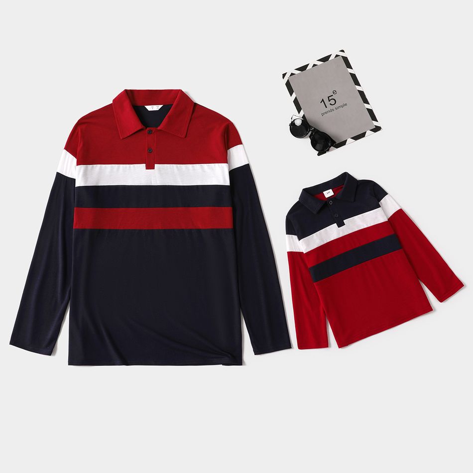 Colorblock Splicing Long-sleeve Polo Shirts for Dad and Me Dark blue/White/Red big image 1