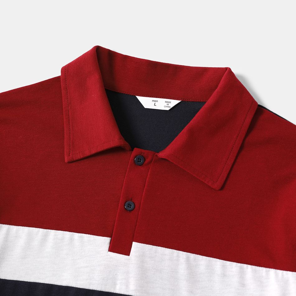 Colorblock Splicing Long-sleeve Polo Shirts for Dad and Me Dark blue/White/Red big image 3