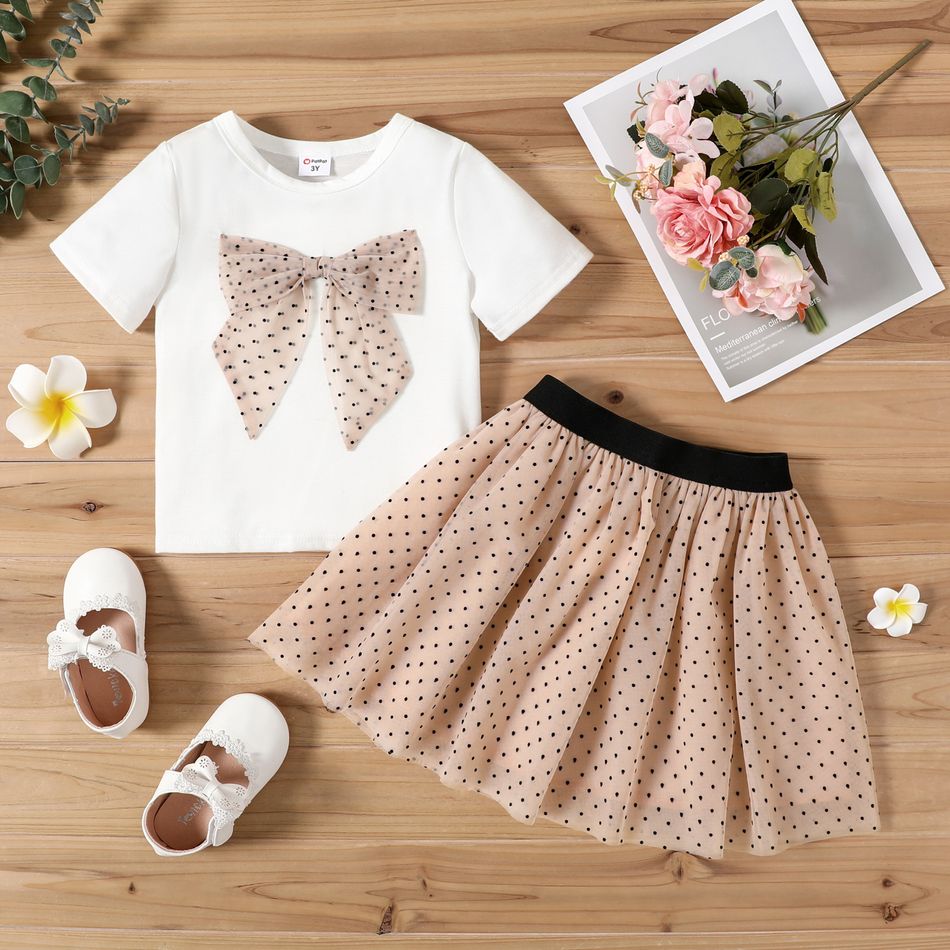 2-piece Toddler Girl 3D Mesh Bowknot Design Short-sleeve White Tee and Polka dots Mesh Skirt Set White