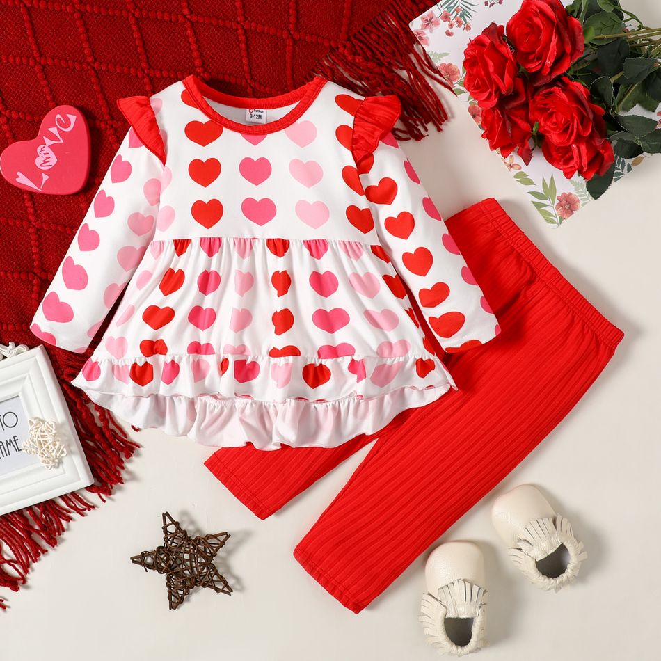 2pcs Baby Girl All Over Red Love Heart Print Long-sleeve Ruffle Top and Solid Ribbed Trousers Set Red
