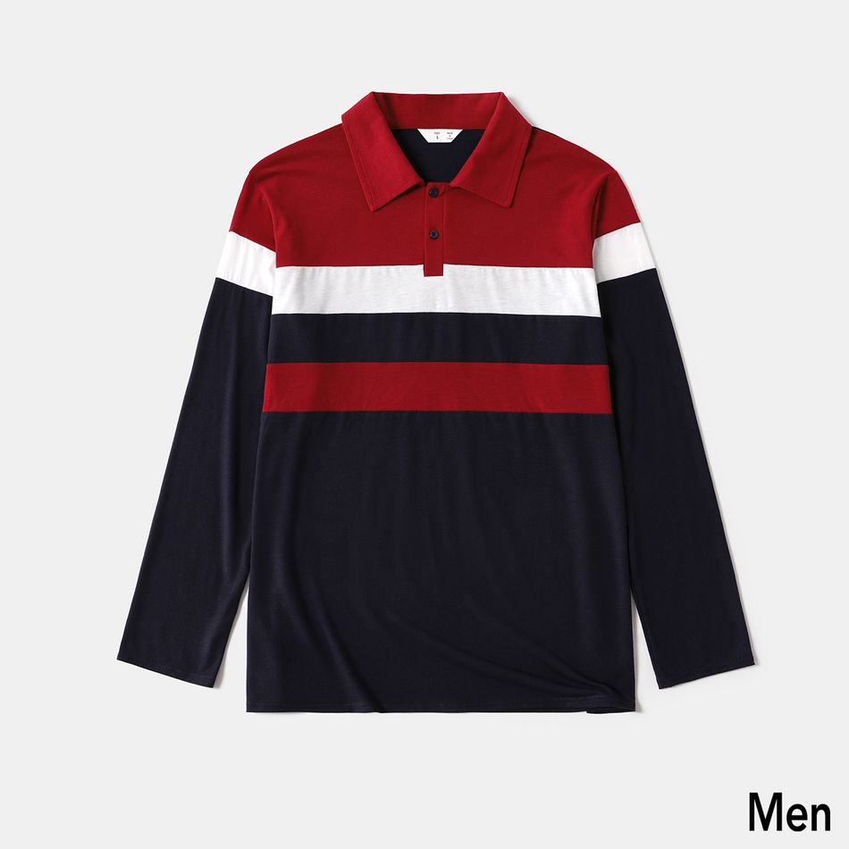 Colorblock Splicing Long-sleeve Polo Shirts for Dad and Me Dark blue/White/Red big image 2