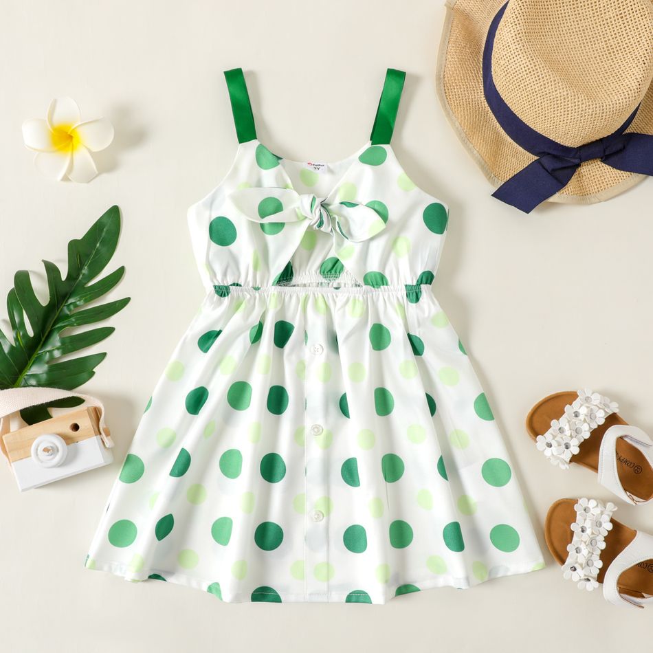 Toddler Girl Polka dots Twist Knot Hollow out Button Design Cami Dress Emerald