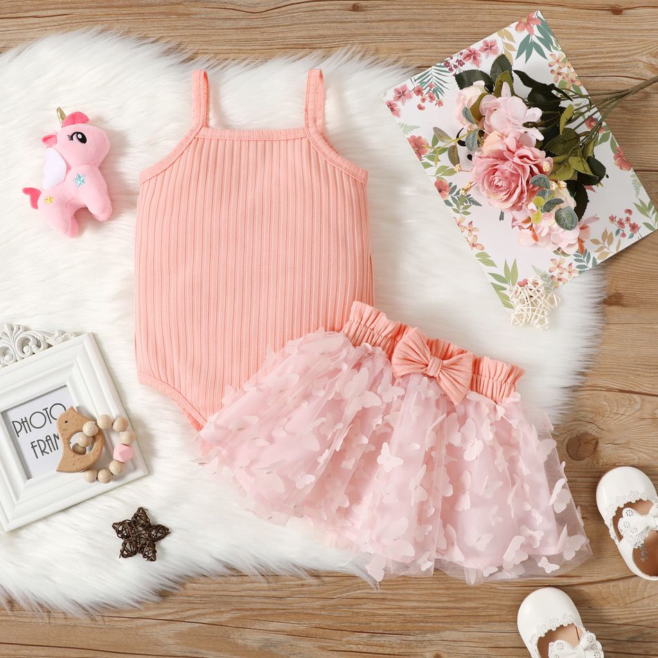 2pcs Baby Girl Pink Ribbed Spaghetti Strap Romper and Butterfly Appliques Mesh Skirt Set incarnadinepink