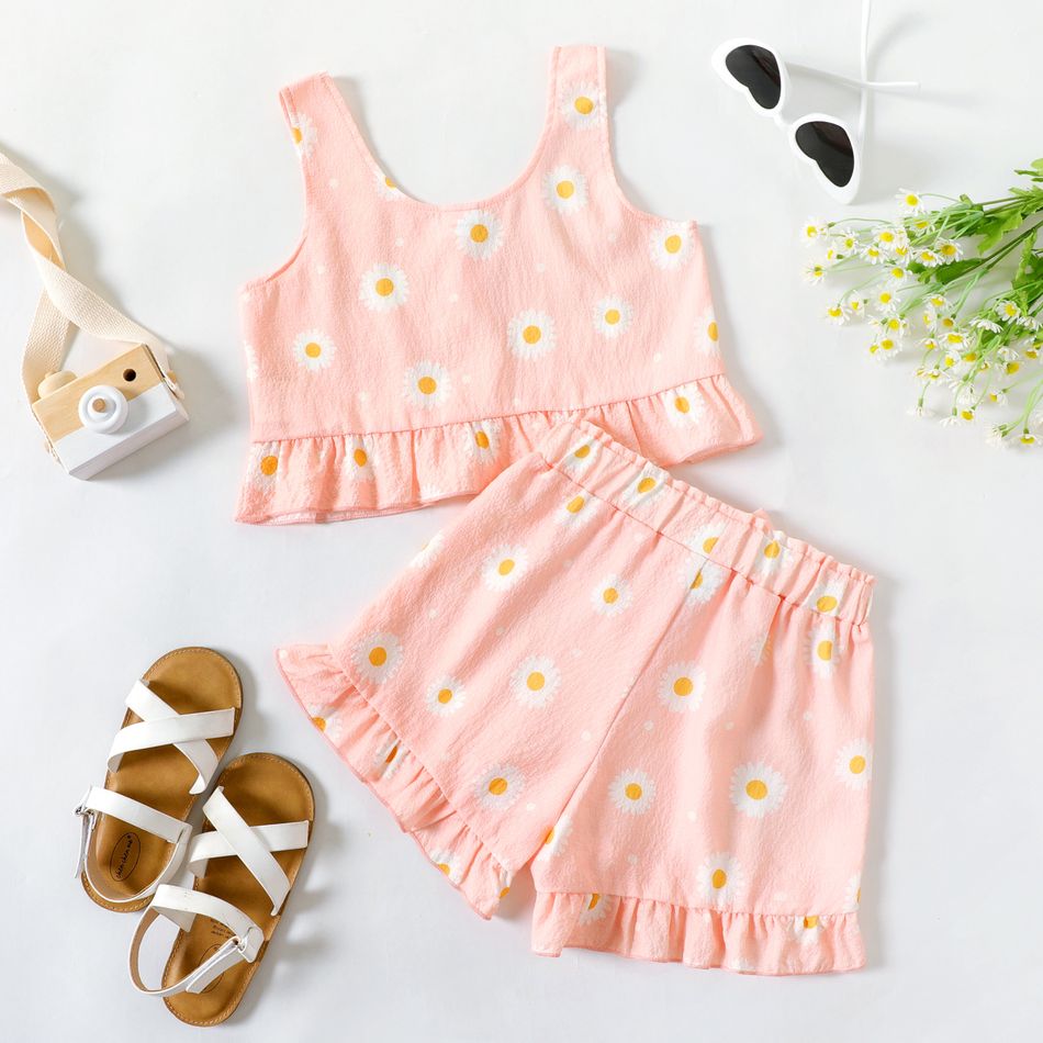 2-piece Kid Girl Floral Print Button Design Ruffle Hem Camisole and Shorts Set Pink big image 2