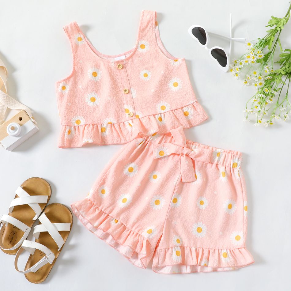 2-piece Kid Girl Floral Print Button Design Ruffle Hem Camisole and Shorts Set Pink