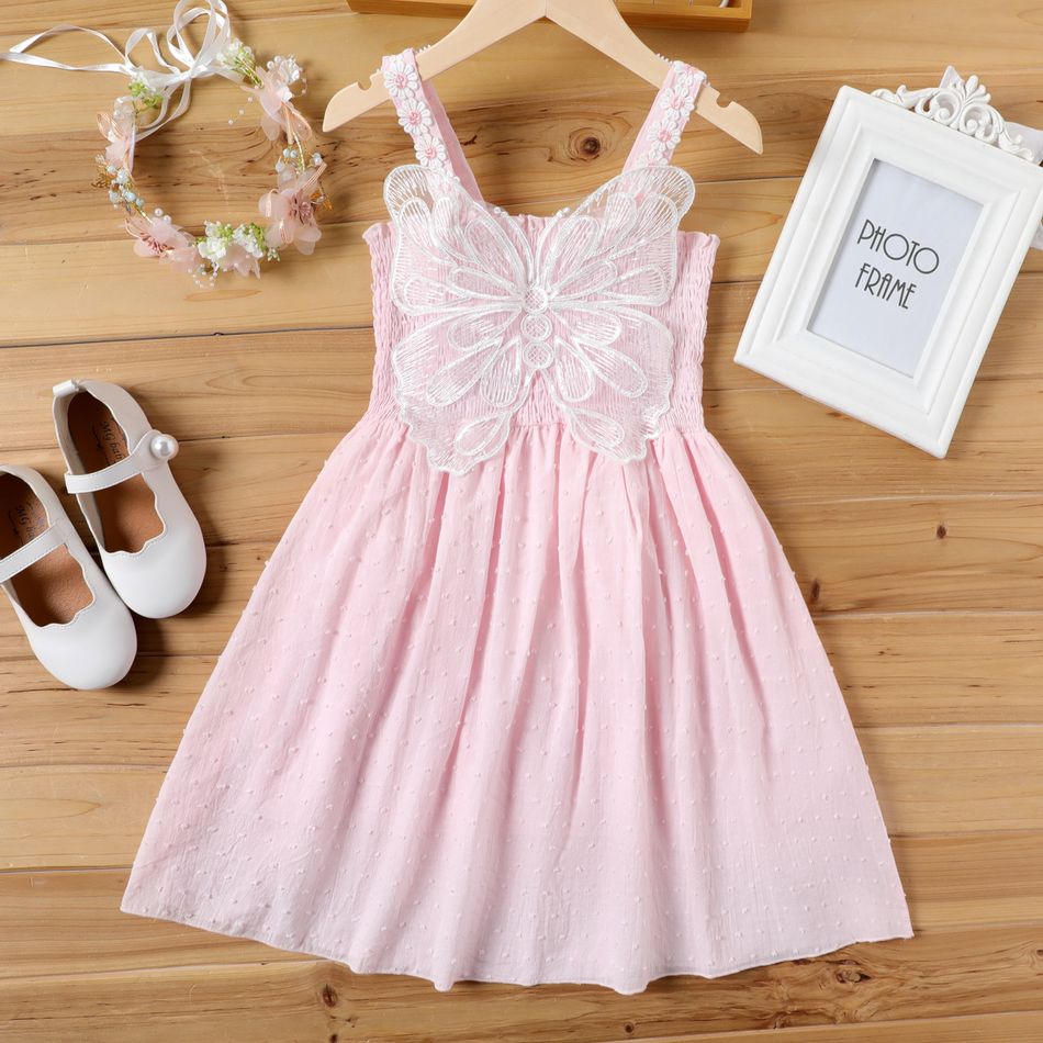 Kid Girl Butterfly Design Floral Embroidered Dotted Swiss Strap Dress Light Pink