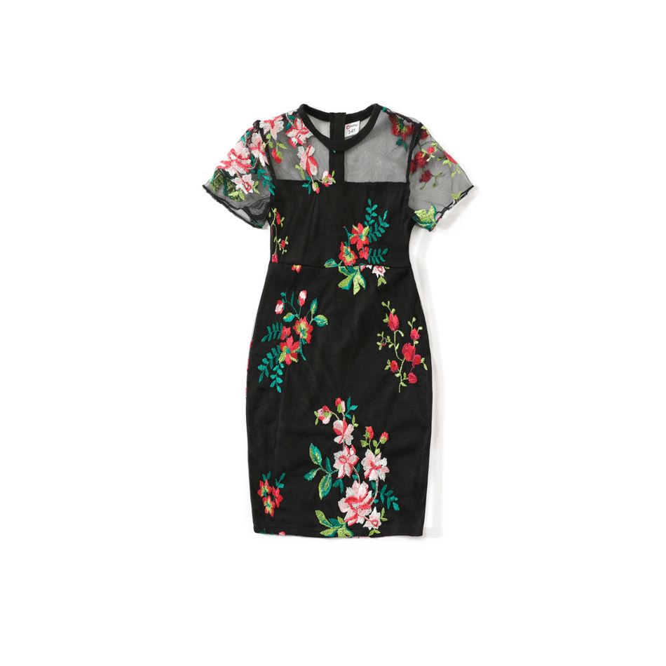 All Over Floral Embroidered Black Mesh Short-sleeve Bodycon Dress for Mom and Me Black big image 9