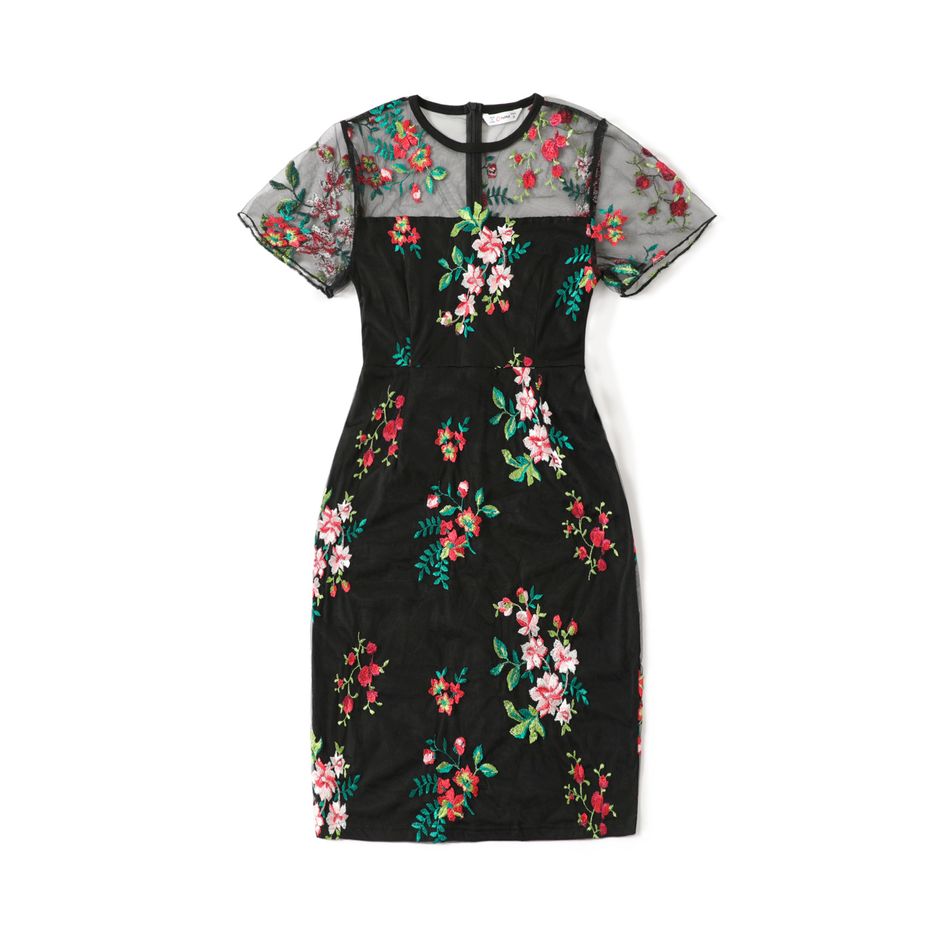 All Over Floral Embroidered Black Mesh Short-sleeve Bodycon Dress for Mom and Me Black big image 3
