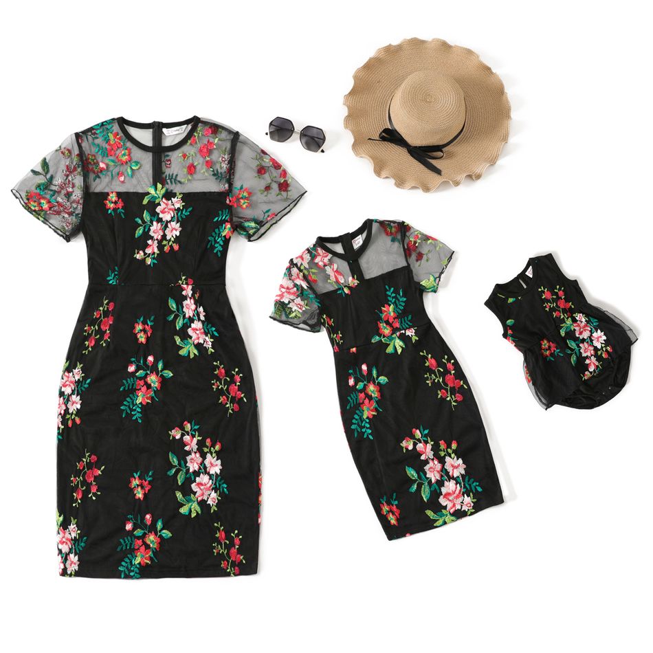 All Over Floral Embroidered Black Mesh Short-sleeve Bodycon Dress for Mom and Me Black big image 1