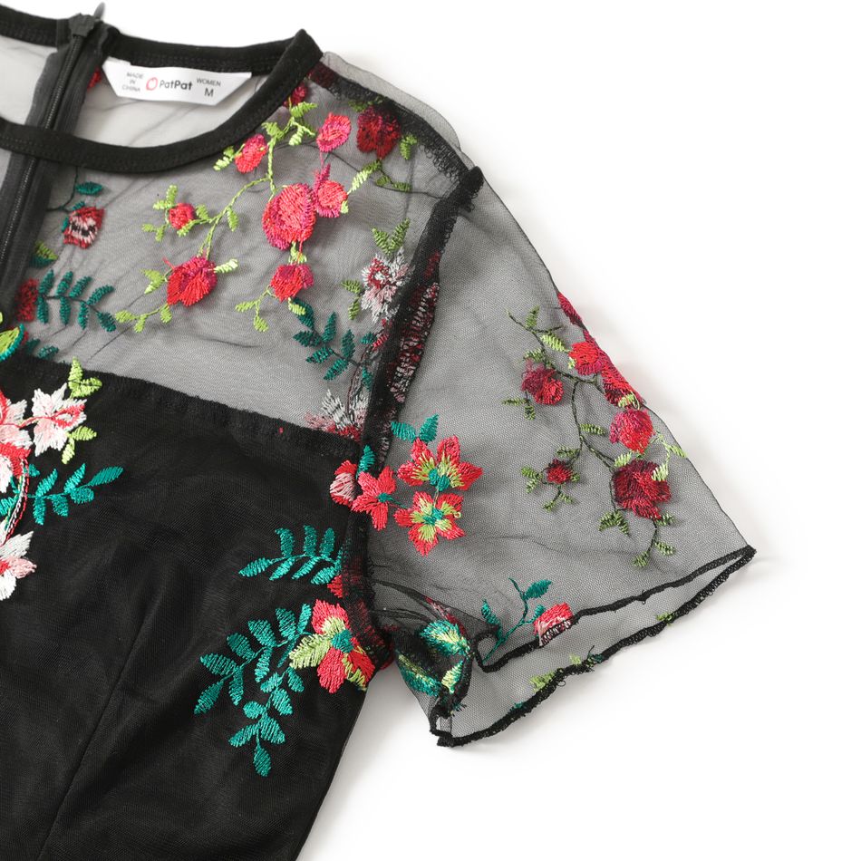 All Over Floral Embroidered Black Mesh Short-sleeve Bodycon Dress for Mom and Me Black big image 7