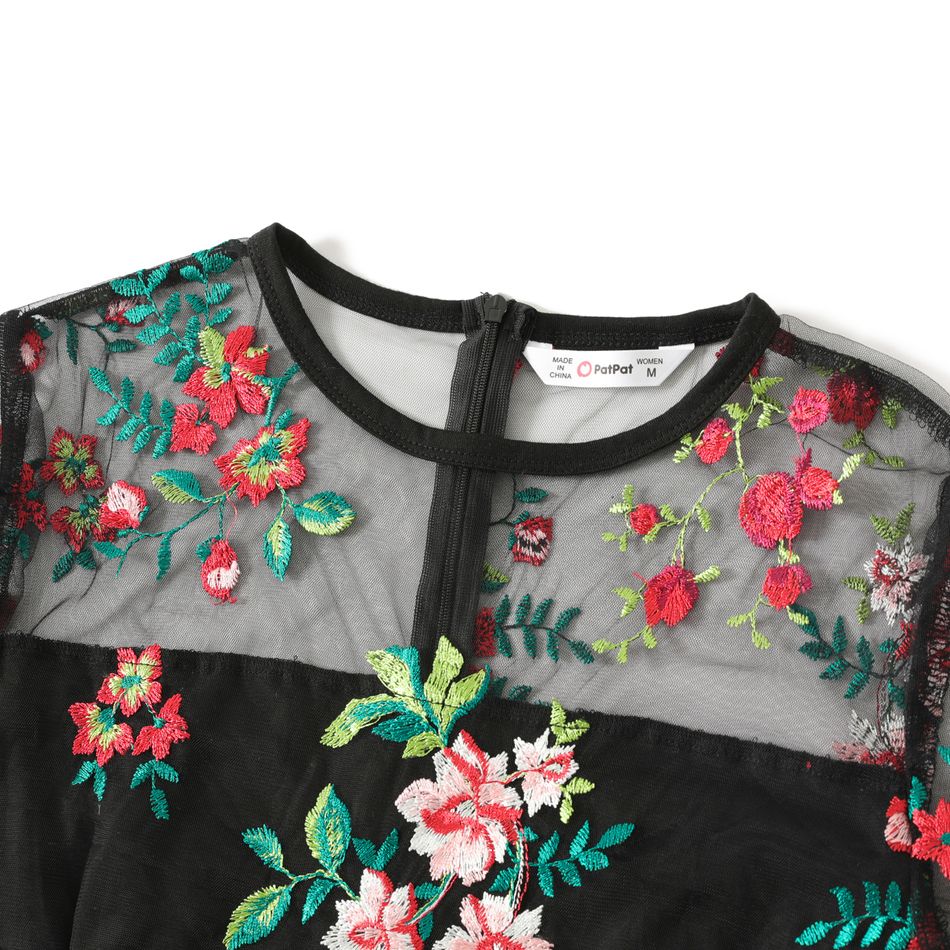 All Over Floral Embroidered Black Mesh Short-sleeve Bodycon Dress for Mom and Me Black big image 6