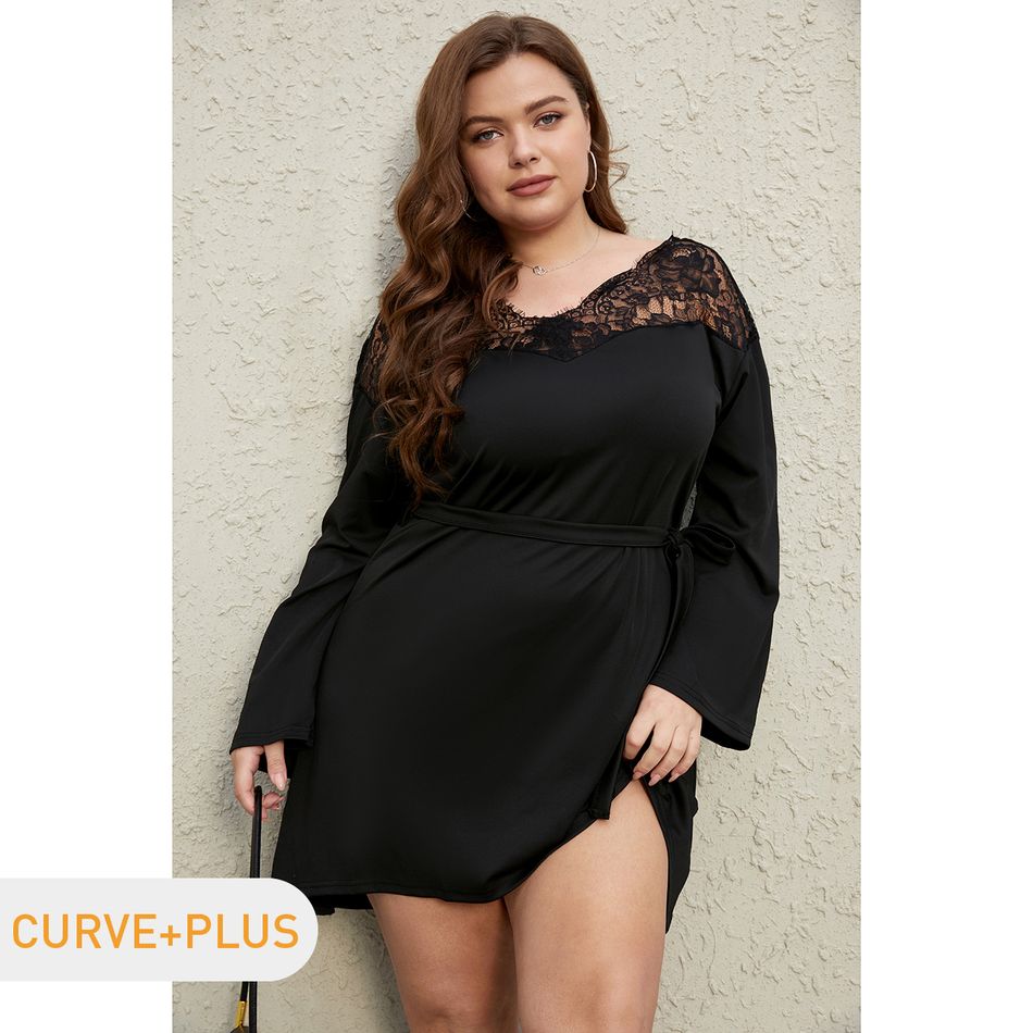 Women Plus Size Basics Lace Design Backless Tie Belt Black Dress Black