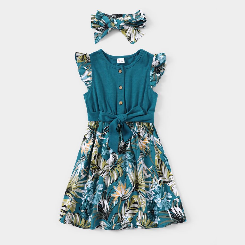 Family Matching All Over Floral Print Blue V Neck Ruffle Dresses and Short-sleeve Splicing T-shirts Sets BLUEWHITE big image 6