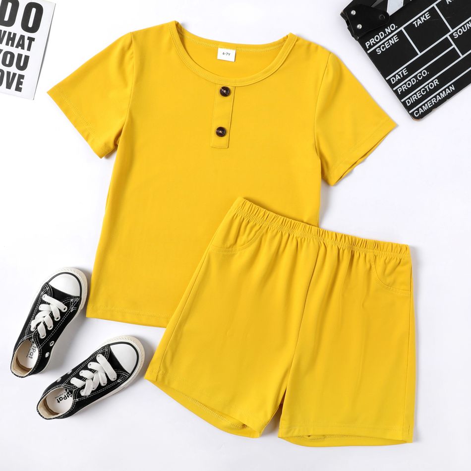 2-piece Kid Boy Button Design Solid Color Short-sleeve Tee and Short Set Yellow