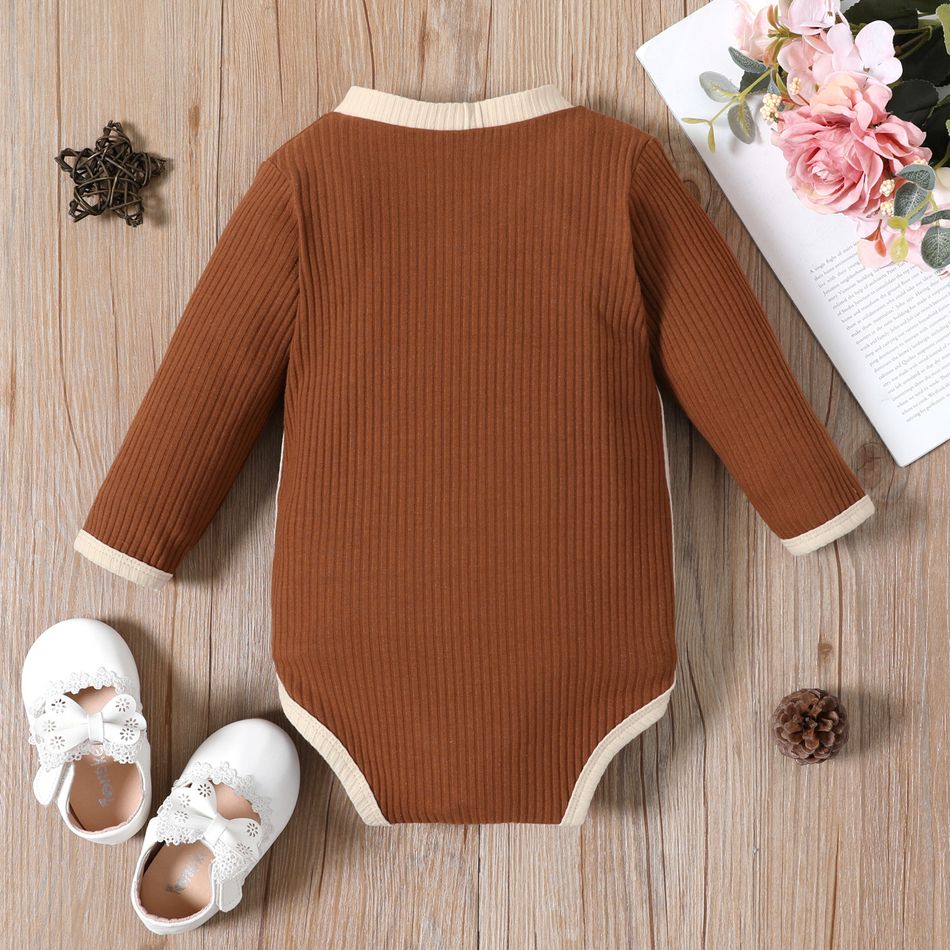 Baby Boy/Girl Solid Ribbed V Neck Button Long-sleeve Romper Brown big image 5