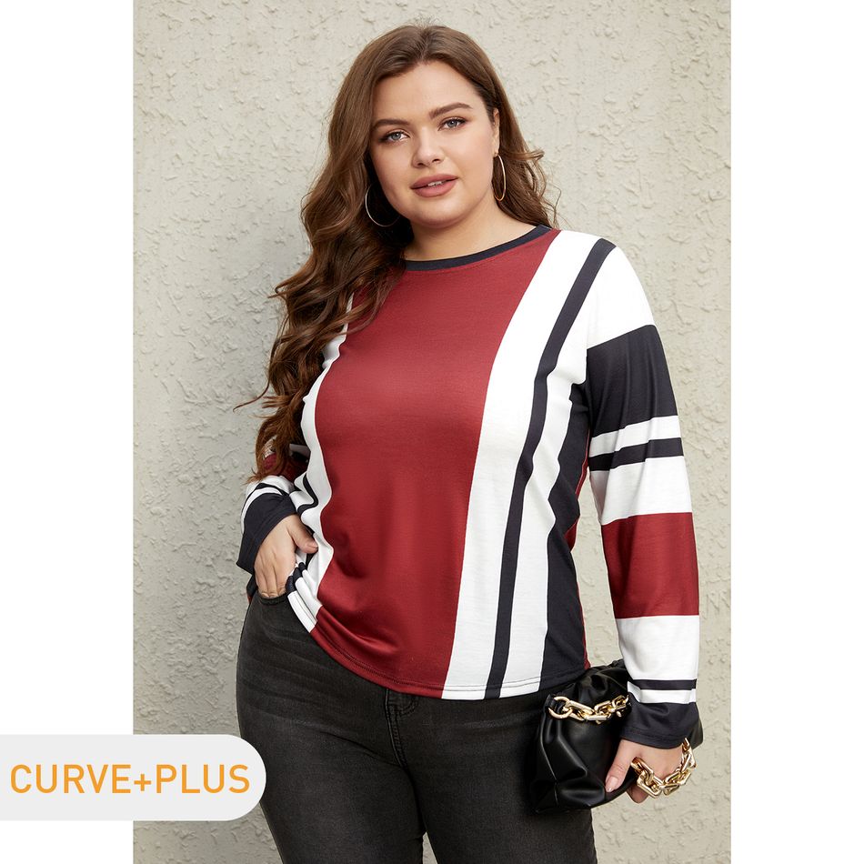 Women Plus Size Casual Colorblock Long-sleeve Tee Color block