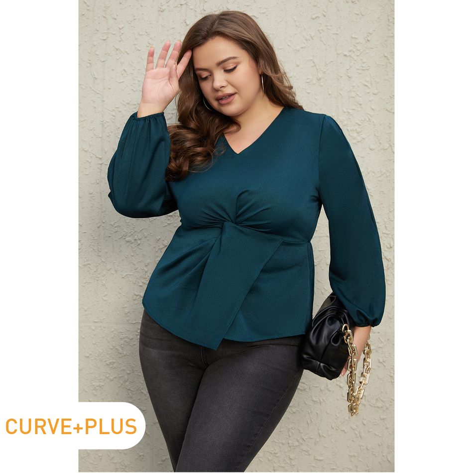 Women Plus Size Elegant V Neck Long-sleeve Blouse Turquoise