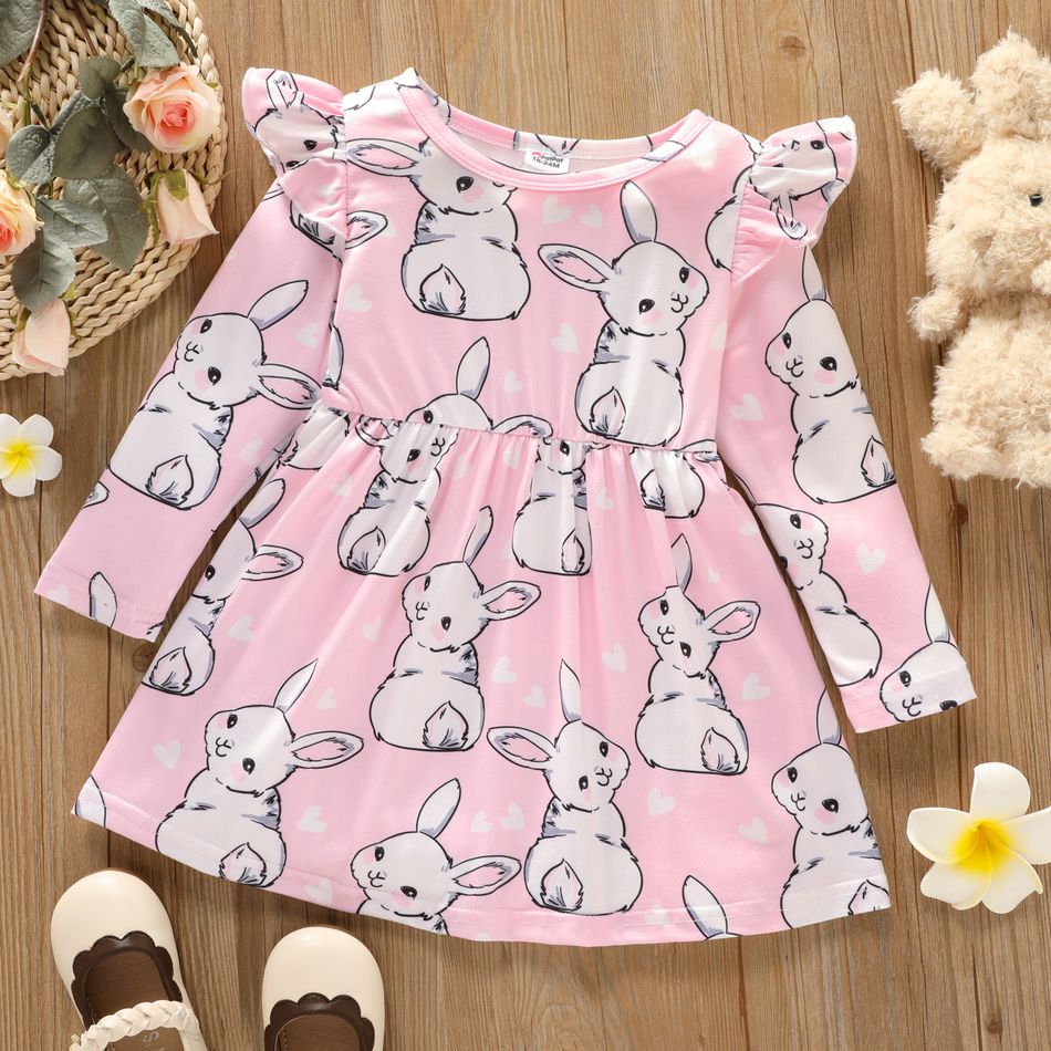 Toddler Girl Ruffled Cute Rabbit Print Long-sleeve Dress Pink
