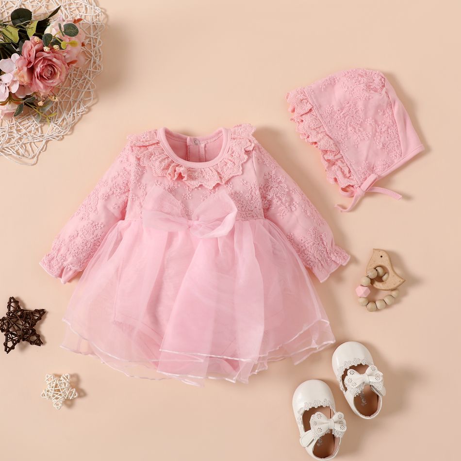 100% Cotton 2pcs Lace and Mesh Layered Ruffle and Bow Decor Long-sleeve Romper with Hat White or Pink or Red Baby Set Pink