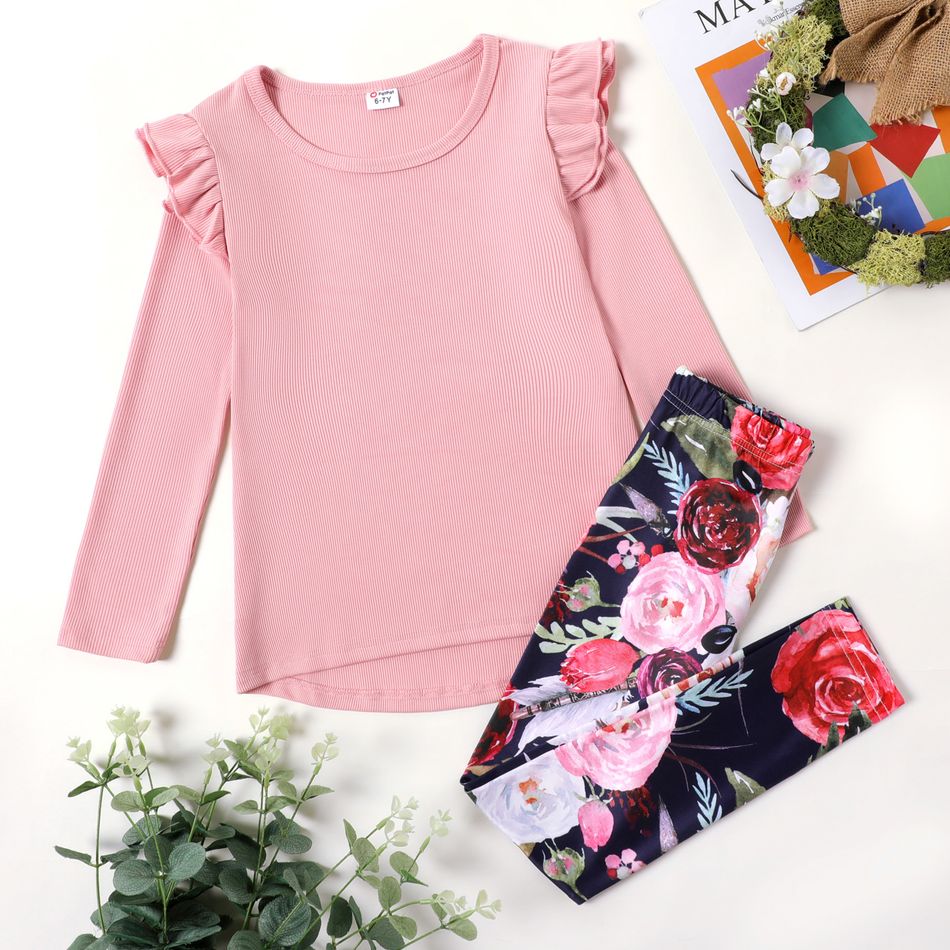 2-piece Kid Girl Ruffled Long-sleeve Tee and Floral Print Pants Set Pink