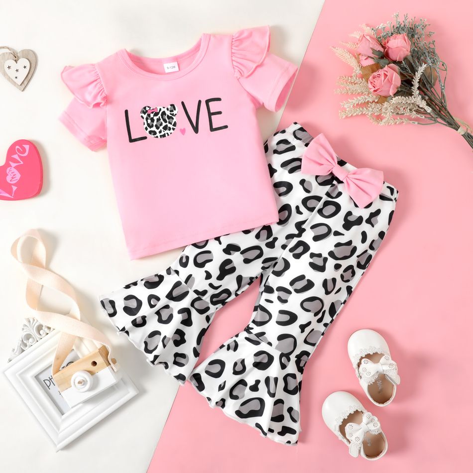 2pcs Baby Girl Letter Print Ruffle Short-sleeve T-shirt and Leopard Bowknot Flared Pants Set Pink