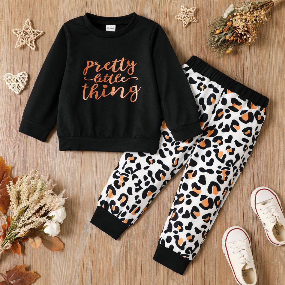 2-piece Toddler Girl Letter Print Black Sweatshirt and Leopard Print Pants Set Black