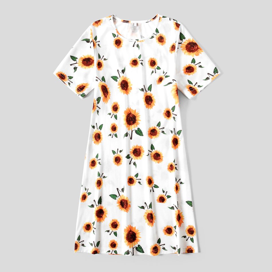 Family Matching All Over Sunflowers Floral Print Short-sleeve Dresses and Colorblock T-shirts Sets White big image 3