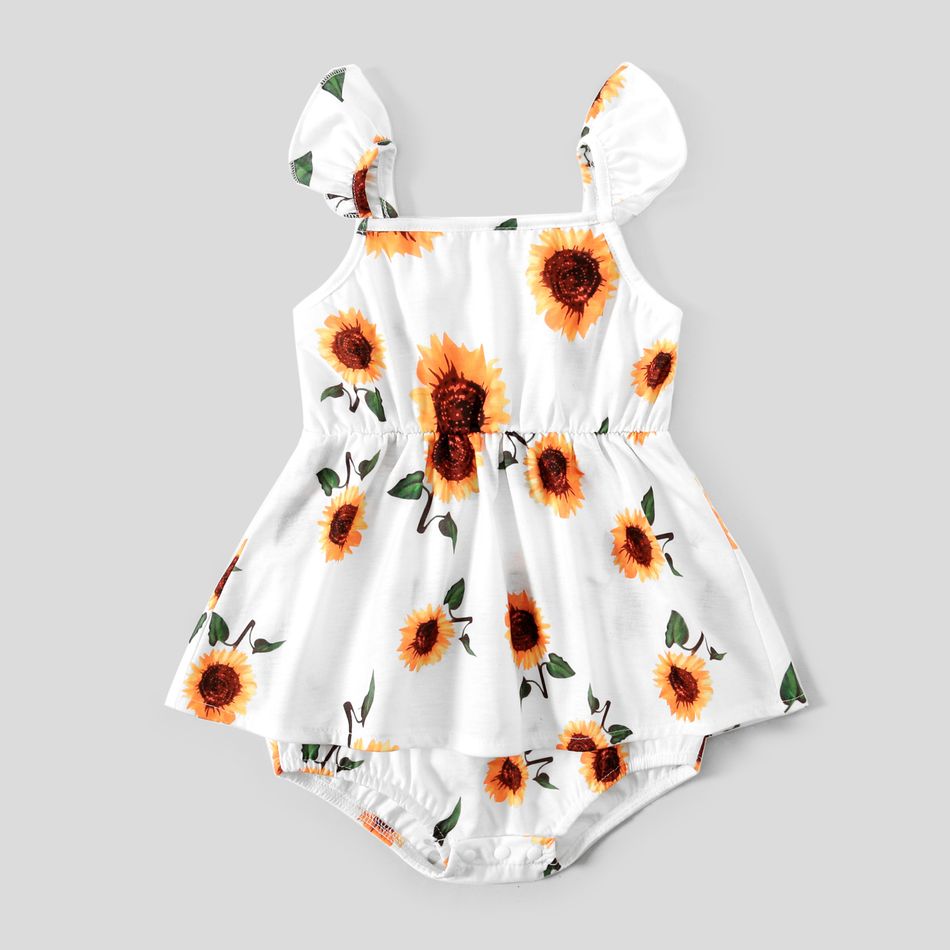 Family Matching All Over Sunflowers Floral Print Short-sleeve Dresses and Colorblock T-shirts Sets White big image 9