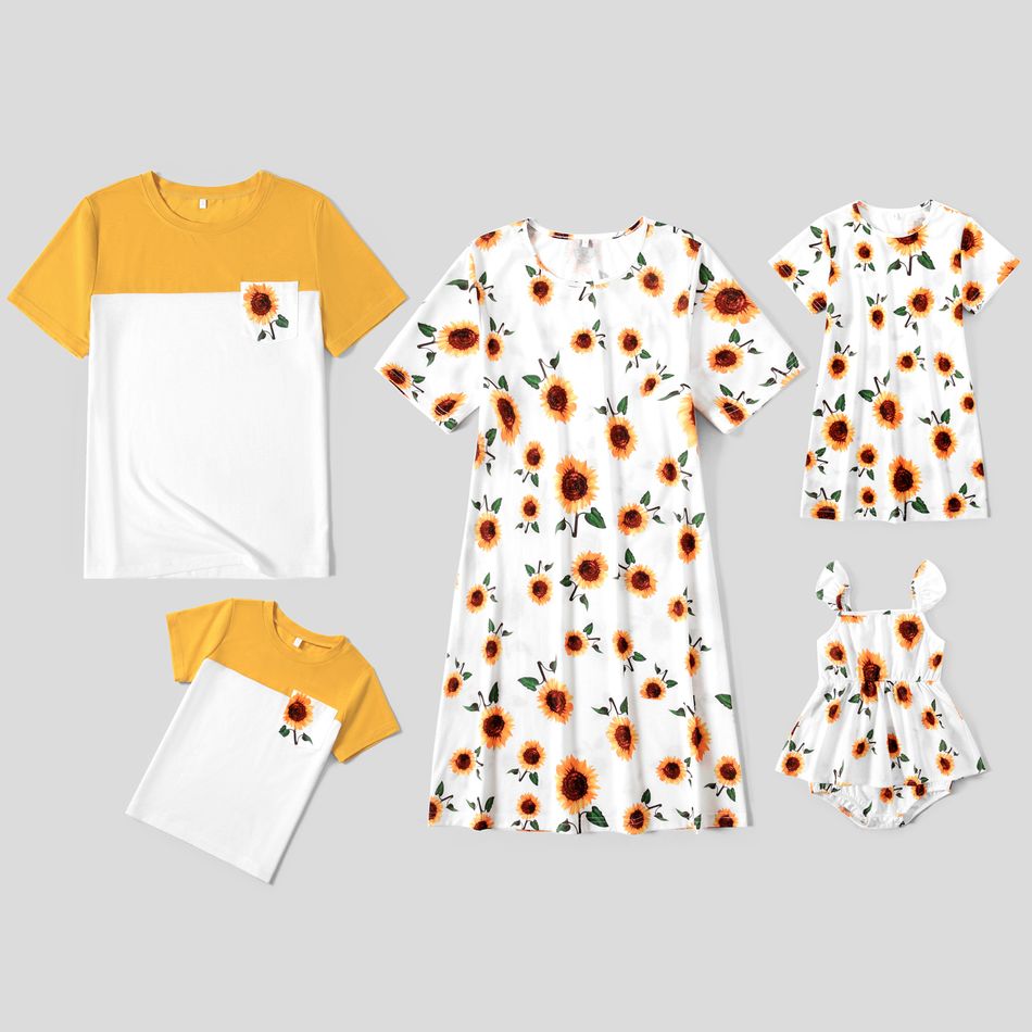 Family Matching All Over Sunflowers Floral Print Short-sleeve Dresses and Colorblock T-shirts Sets White big image 2