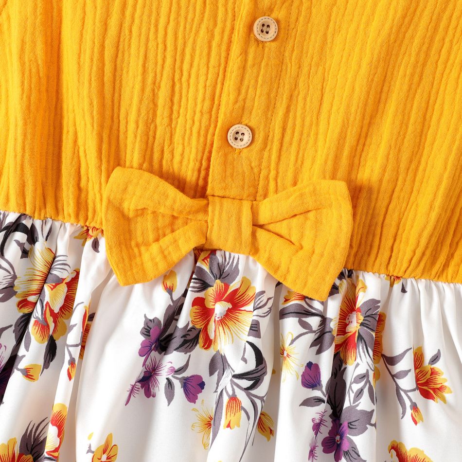 Kid Girl Ruffle Collar Floral Print Button Design Flutter-sleeve Dress Yellow big image 4