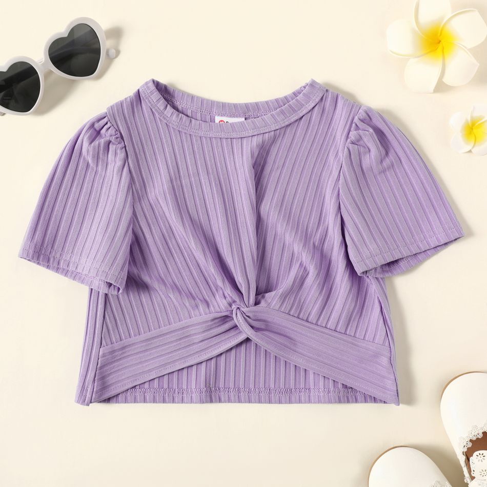 Toddler Girl Twist Front Ribbed Short-sleeve Solid Color Crop Tee Purple big image 1