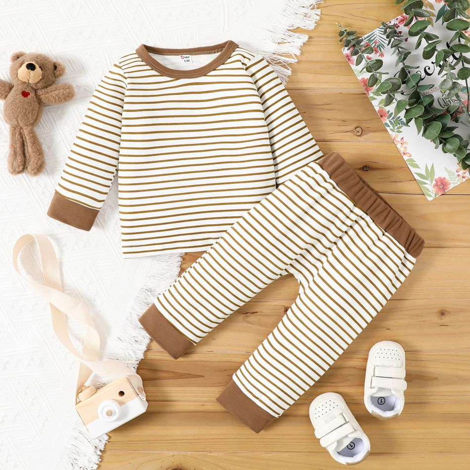 2pcs Baby Boy/Girl Solid/Striped Long-sleeve Top and Trousers Set White