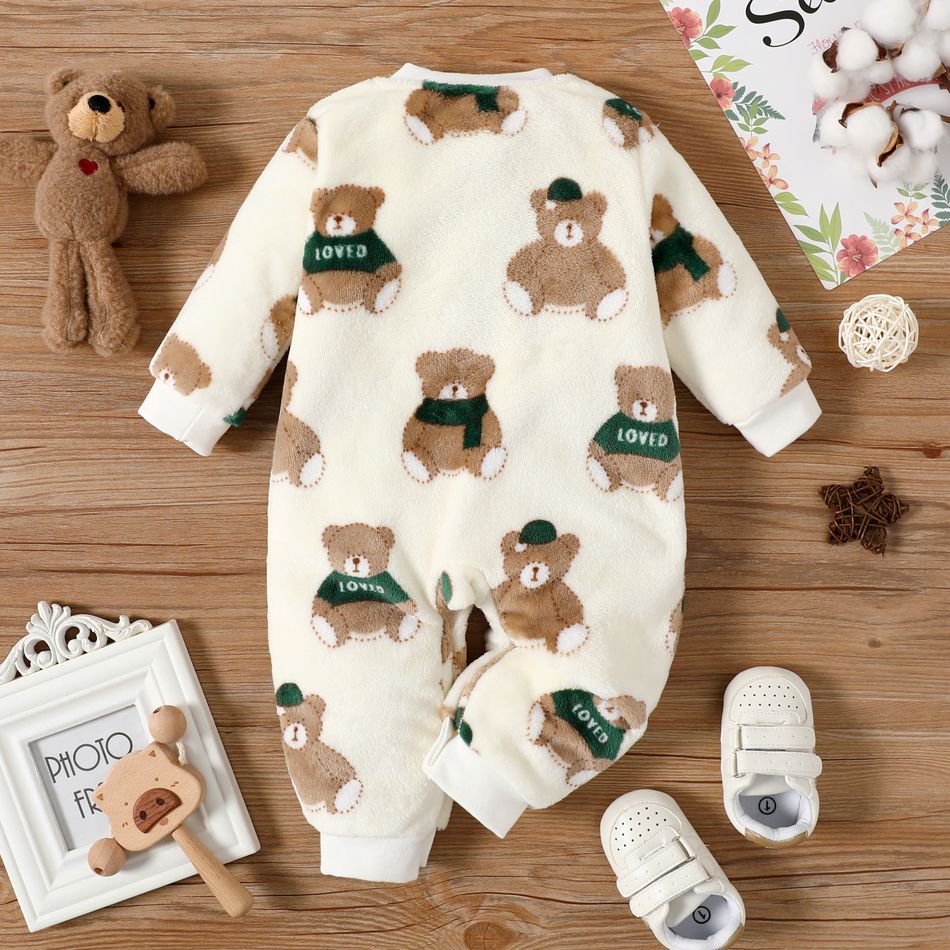 Teddy Bear Allover Fluffy Long-sleeve Brown Baby Jumpsuit Brown big image 2
