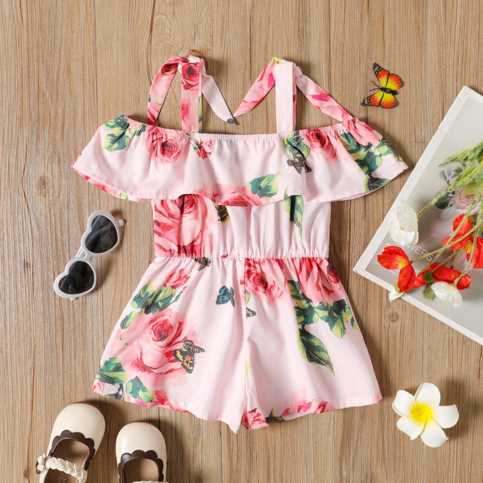 Toddler Girl Floral Print Bowknot Design Off Shoulder Flounce Strap Romper Jumpsuit Shorts Pink