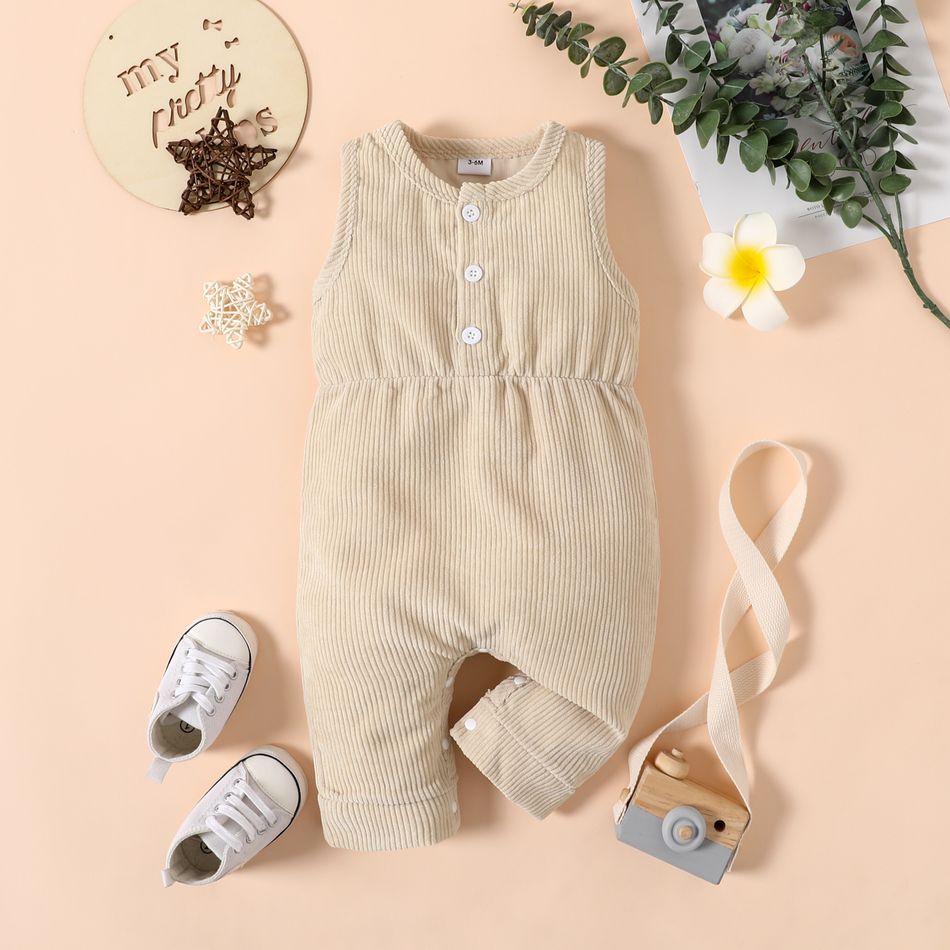 Baby Boy/Girl Solid Button Front Sleeveless Corduroy Jumpsuit Apricot