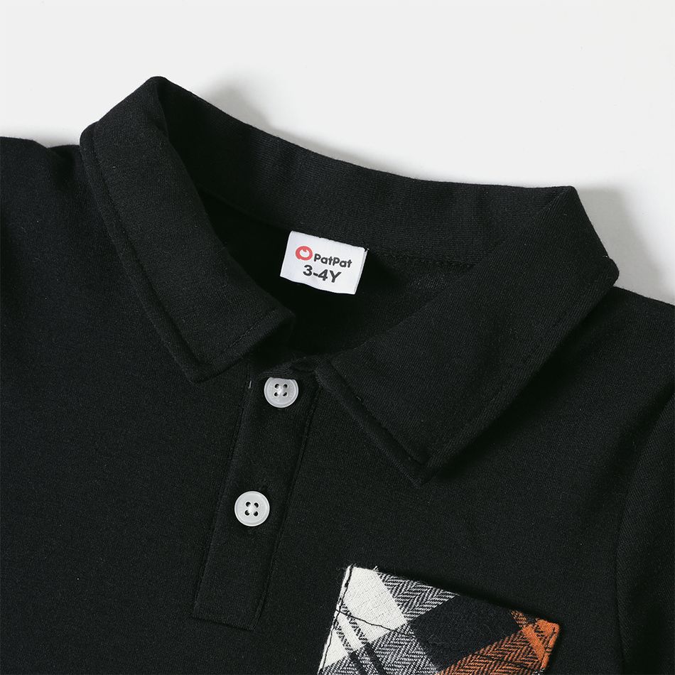 Family Matching Plaid Splicing Black Short-sleeve Dresses and Polo Shirts Sets ColorBlock big image 12