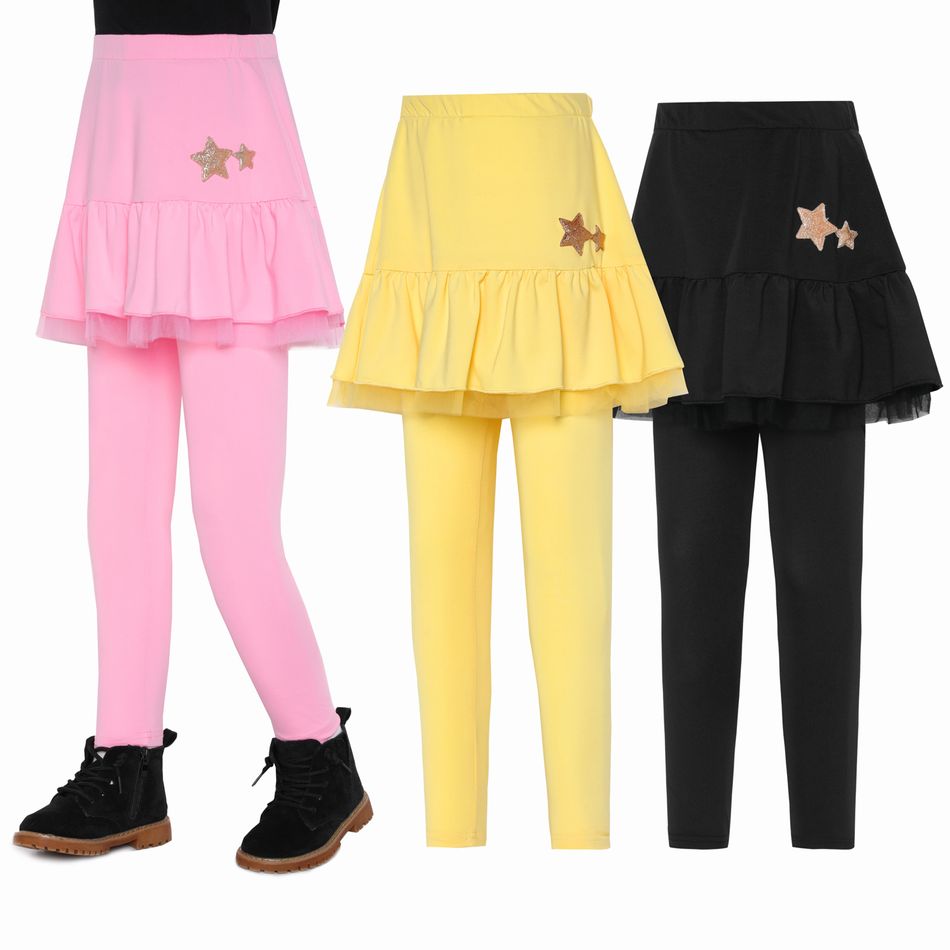 Kid Girl Star Embroidered Ruffled Mesh Design Skirt Leggings Pink big image 7