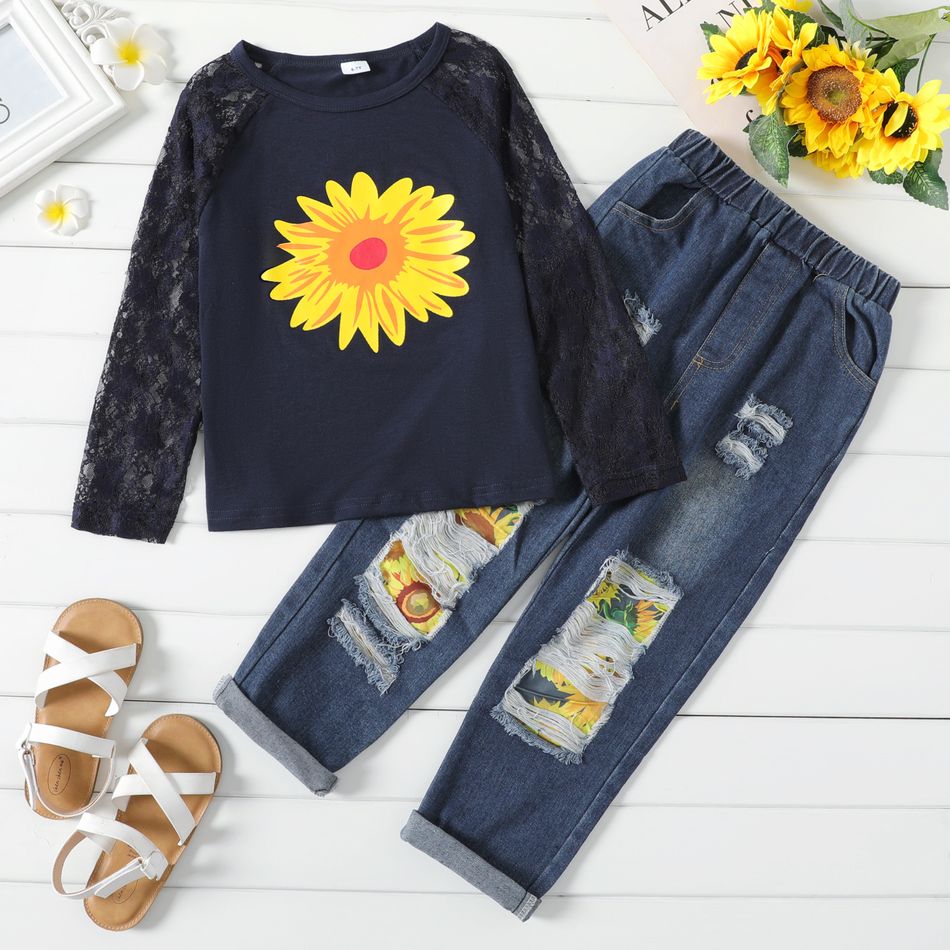 2-piece Kid Girl Floral Print Lace Design Long-sleeve Top and Ripped Denim Jeans Set Navy
