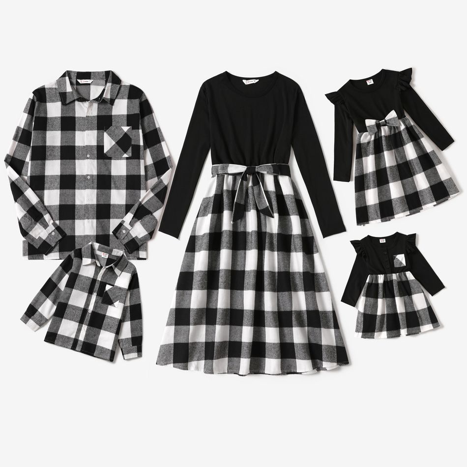 Family Matching Black Plaid Long-sleeve Splicing Dresses and Shirts Sets Black/White