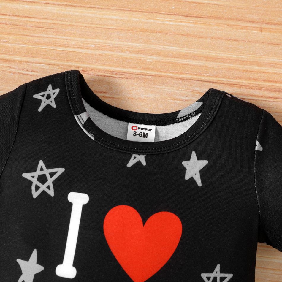 Baby Boy/Girl Love Heart and Letter Print All Over Stars Short-sleeve Romper Black big image 2