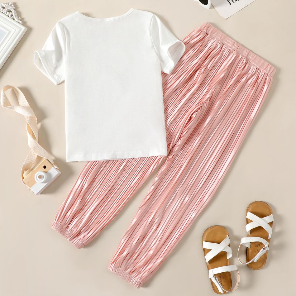 2-piece Kid Girl Solid Color Short-sleeve Tee and Metallic Pleated Pants Set Pink big image 3
