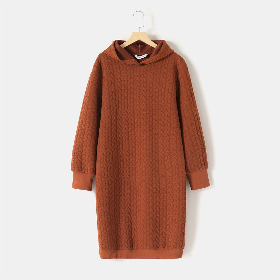 Solid Coffee Textured Long-sleeve Hoodie Dress for Mom and Me Coffee big image 2