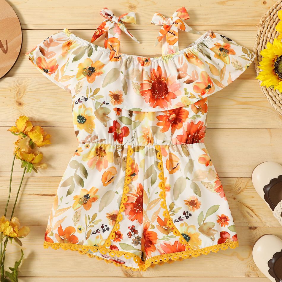 Toddler Girl Floral Print Off Shoulder Floral Trim Bowknot Design Strap Romper Jumpsuit Shorts Colorful