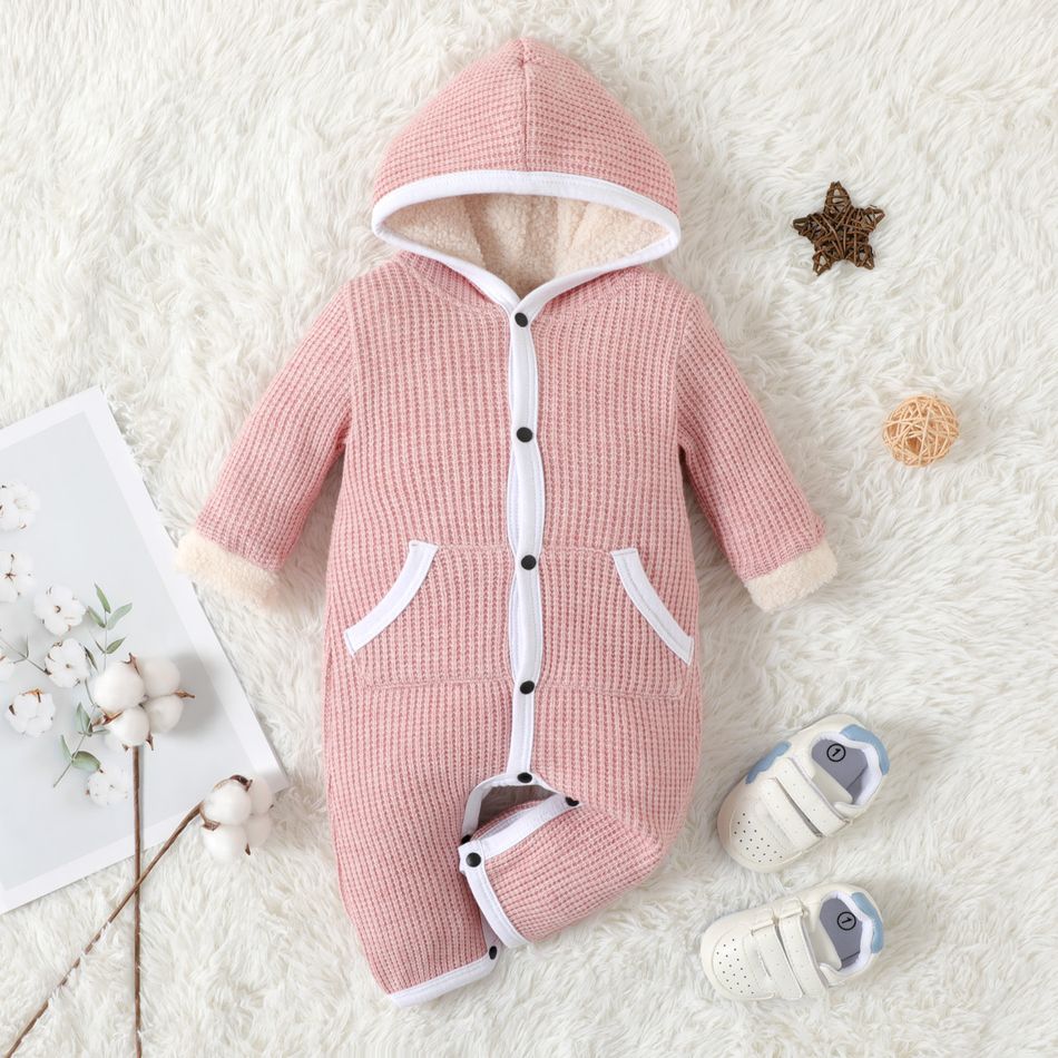 Baby Boy/Girl Solid Knitted Thickened Fleece Lined Long-sleeve Hooded Jumpsuit Pink