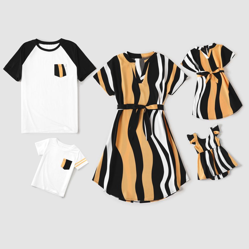 Family Matching Striped V Neck Short-sleeve Belted Dresses and Raglan-sleeve T-shirts Sets Black/White big image 1